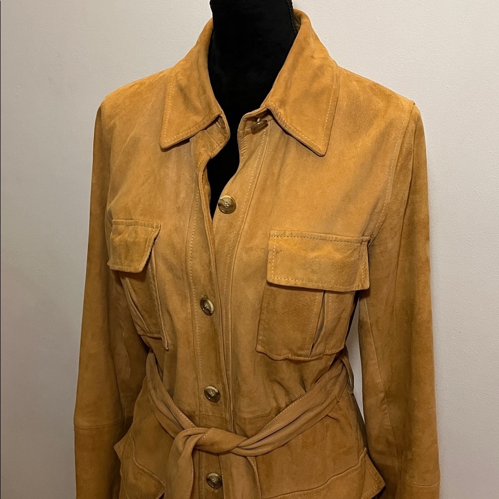 Vintage Tan Suede Trench Coat by Casual Corner, size S, belted, pockets,